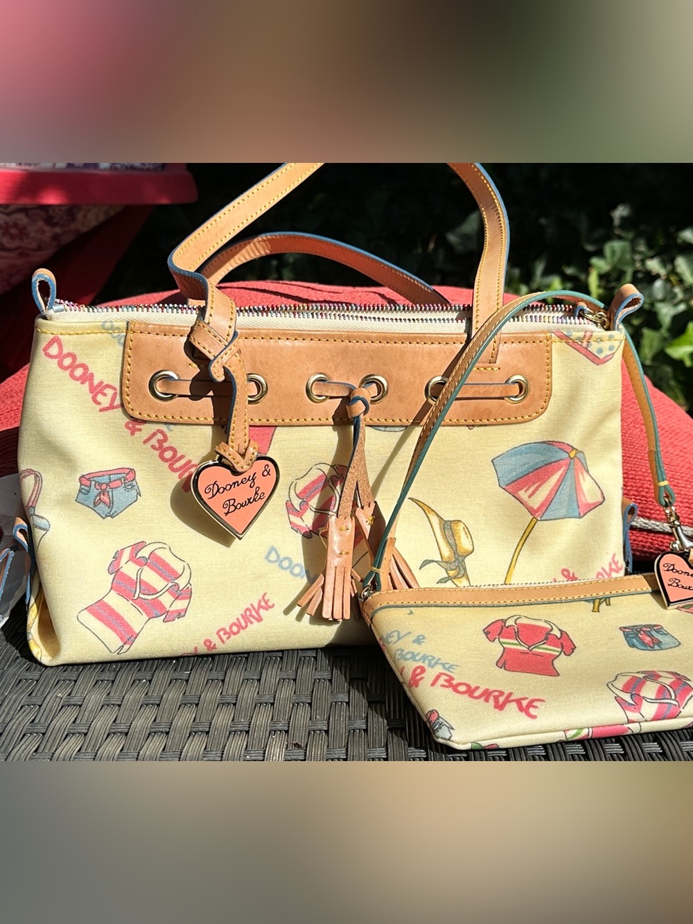 Dooney & Bourke 2 piece yellow Beach Print Satchel with Wristlet and Leather
